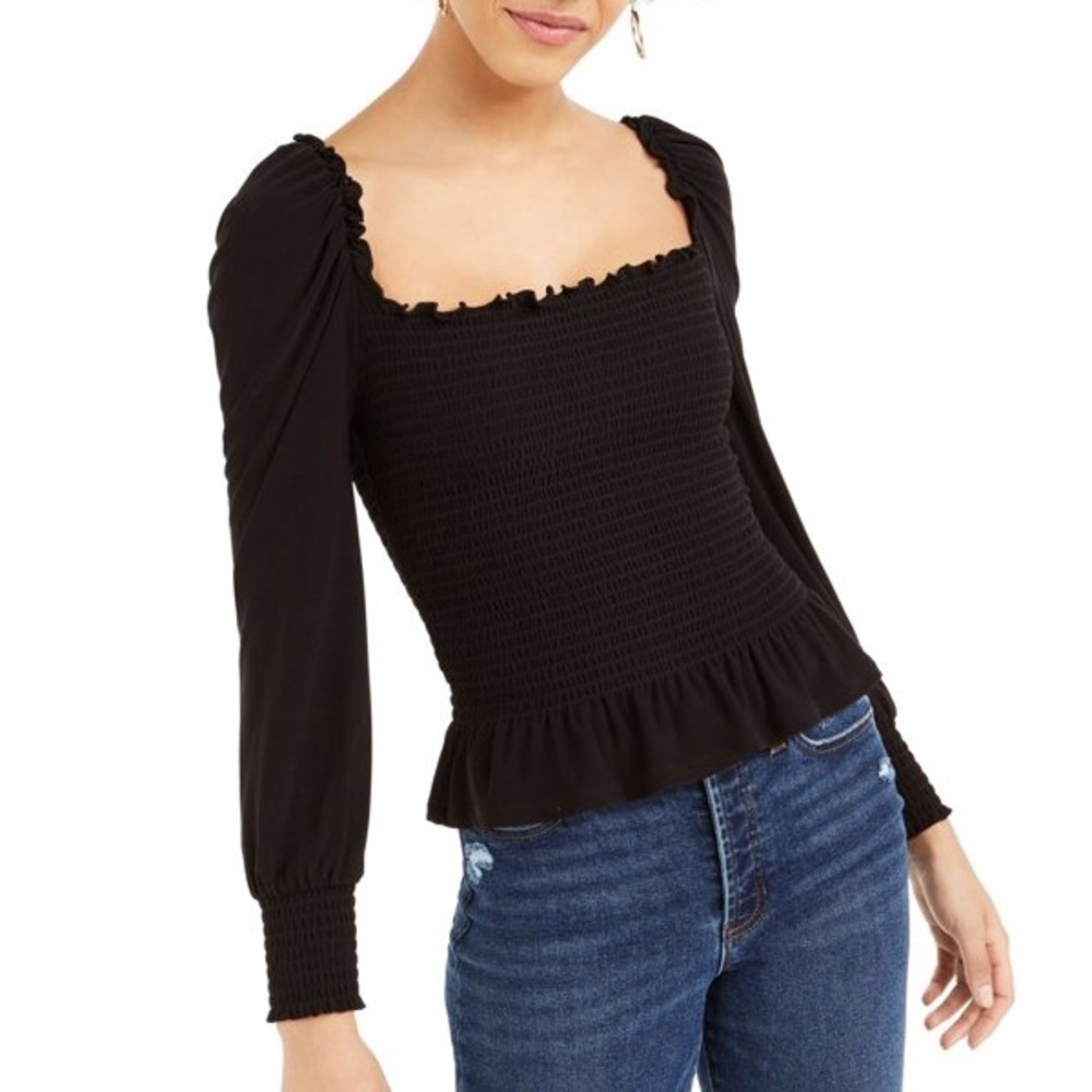 Bar Iii Womens Black Ribbed Solid Long Sleeve Squ… - image 1